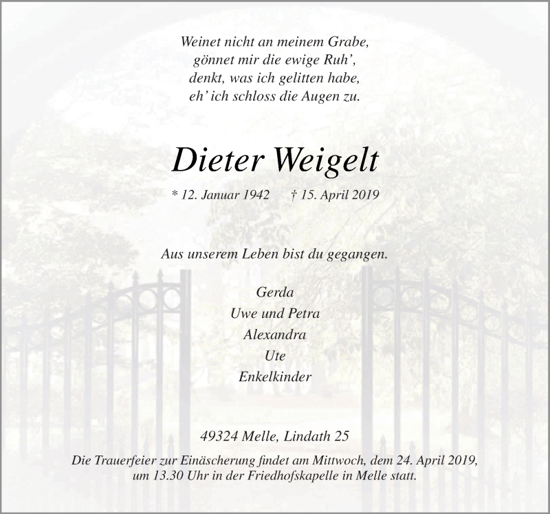  Traueranzeige für Dieter Weigelt vom 20.04.2019 aus Neue Osnabrücker Zeitung GmbH & Co. KG