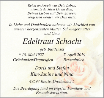 Traueranzeige von Edeltraut Schacht von Neue Osnabrücker Zeitung GmbH & Co. KG