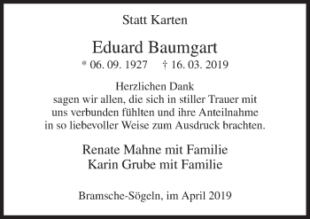 Traueranzeige von Eduard Baumgart von Neue Osnabrücker Zeitung GmbH & Co. KG