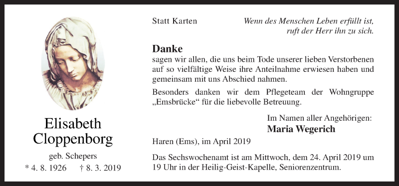  Traueranzeige für Elisabeth Cloppenborg vom 20.04.2019 aus Neue Osnabrücker Zeitung GmbH & Co. KG