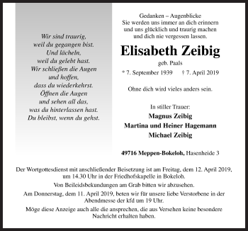 Traueranzeige von Elisabeth Zeibig von Neue Osnabrücker Zeitung GmbH & Co. KG