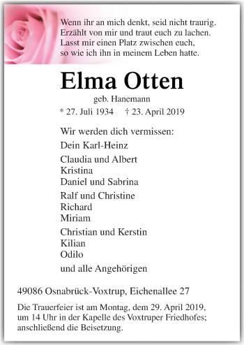 Traueranzeige von Elma Otten von Neue Osnabrücker Zeitung GmbH & Co. KG