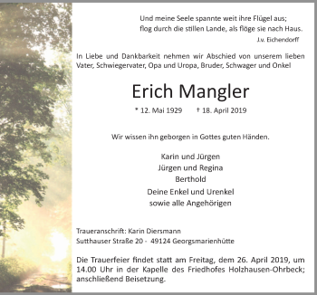 Traueranzeige von Erich Mangler von Neue Osnabrücker Zeitung GmbH & Co. KG