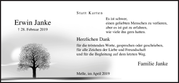 Traueranzeige von Erwin Janke von Neue Osnabrücker Zeitung GmbH & Co. KG