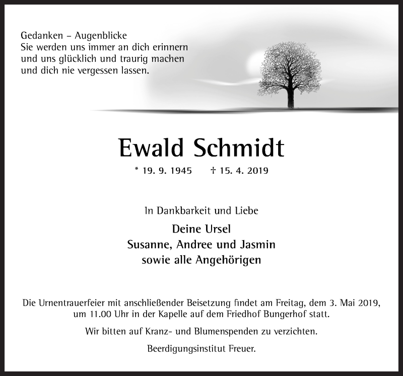  Traueranzeige für Ewald Schmidt vom 20.04.2019 aus Neue Osnabrücker Zeitung GmbH & Co. KG