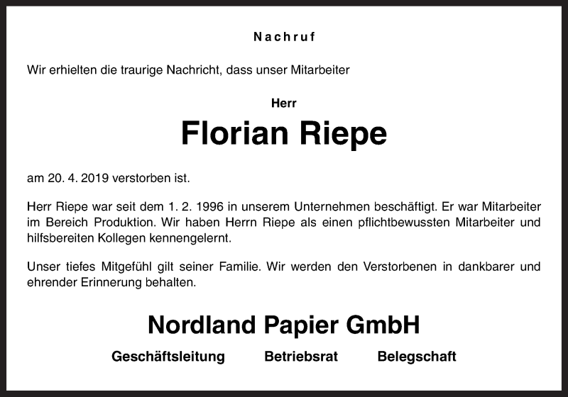  Traueranzeige für Florian Riepe vom 30.04.2019 aus Neue Osnabrücker Zeitung GmbH & Co. KG