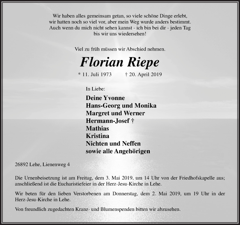  Traueranzeige für Florian Riepe vom 27.04.2019 aus Neue Osnabrücker Zeitung GmbH & Co. KG