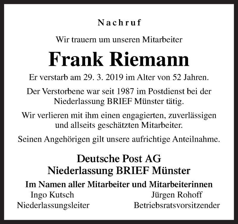  Traueranzeige für Frank Riemann vom 06.04.2019 aus Neue Osnabrücker Zeitung GmbH & Co. KG