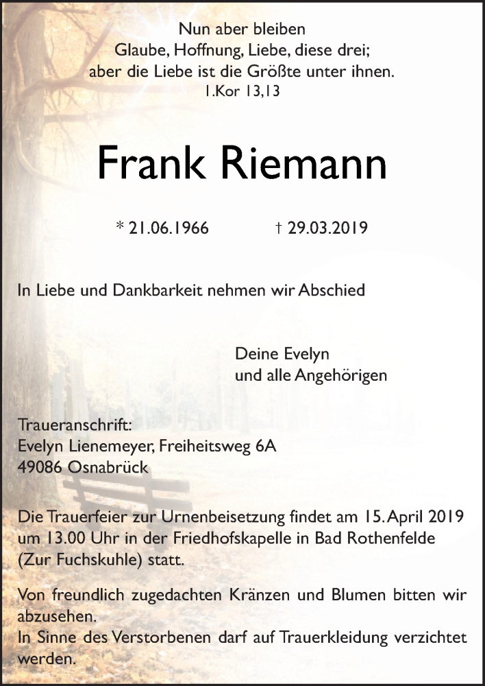 Traueranzeige für Frank Riemann vom 06.04.2019 aus Neue Osnabrücker Zeitung GmbH & Co. KG