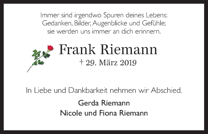  Traueranzeige für Frank Riemann vom 06.04.2019 aus Neue Osnabrücker Zeitung GmbH & Co. KG