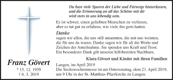 Traueranzeige von Franz Gövert von Neue Osnabrücker Zeitung GmbH & Co. KG