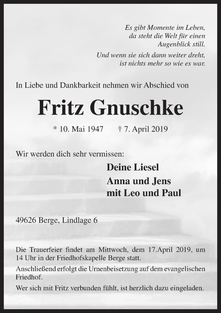  Traueranzeige für Fritz Gnuschke vom 13.04.2019 aus Neue Osnabrücker Zeitung GmbH & Co. KG