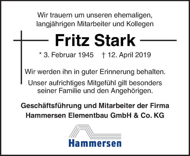  Traueranzeige für Fritz Stark vom 25.04.2019 aus Neue Osnabrücker Zeitung GmbH & Co. KG