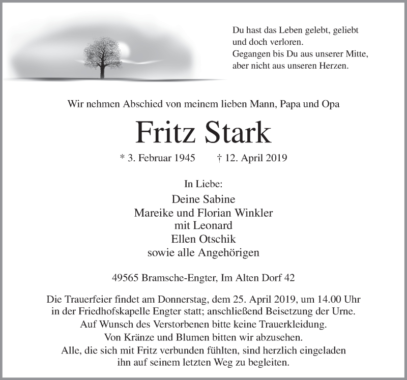  Traueranzeige für Fritz Stark vom 18.04.2019 aus Neue Osnabrücker Zeitung GmbH & Co. KG