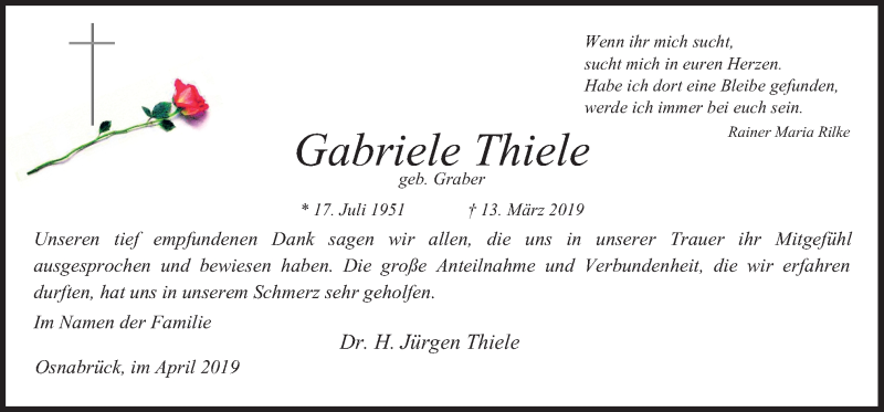  Traueranzeige für Gabriele Thiele vom 29.04.2019 aus Neue Osnabrücker Zeitung GmbH & Co. KG
