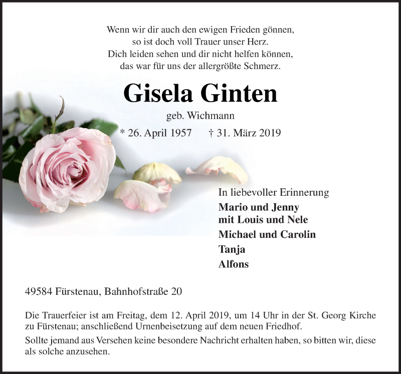  Traueranzeige für Gisela Ginten vom 06.04.2019 aus Neue Osnabrücker Zeitung GmbH & Co. KG