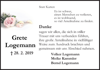 Traueranzeige von Grete Logemann von Neue Osnabrücker Zeitung GmbH & Co. KG