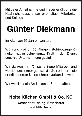 Traueranzeige von Günter Diekmann von Neue Osnabrücker Zeitung GmbH & Co. KG