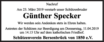 Traueranzeige von Günther Specker von Neue Osnabrücker Zeitung GmbH & Co. KG