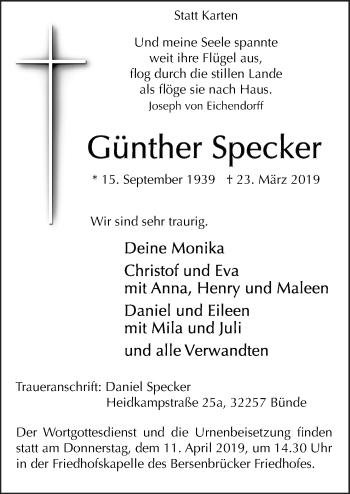 Traueranzeige von Günther Specker von Neue Osnabrücker Zeitung GmbH & Co. KG