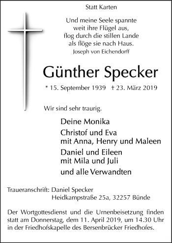 Traueranzeige von Günther Specker von Neue Osnabrücker Zeitung GmbH & Co. KG