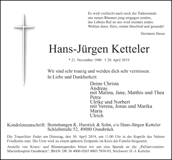 Traueranzeige von Hans-Jürgen Ketteler von Neue Osnabrücker Zeitung GmbH & Co. KG