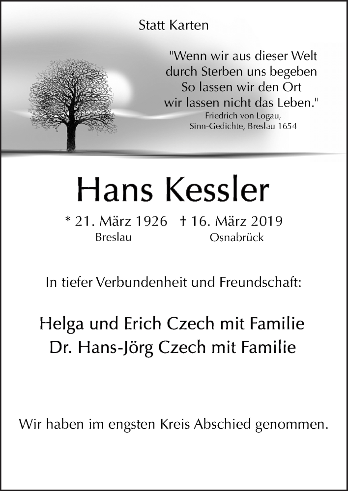  Traueranzeige für Hans Kessler vom 01.04.2019 aus Neue Osnabrücker Zeitung GmbH & Co. KG