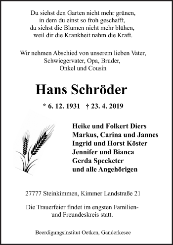Traueranzeige von Hans Schröder von Neue Osnabrücker Zeitung GmbH & Co. KG