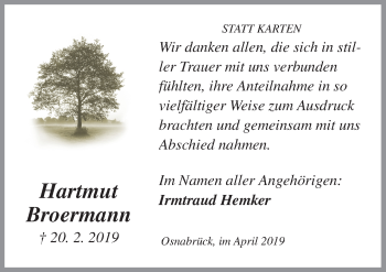 Traueranzeige von Hartmut Broermann von Neue Osnabrücker Zeitung GmbH & Co. KG