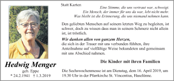 Traueranzeige von Hedwig Menger von Neue Osnabrücker Zeitung GmbH & Co. KG