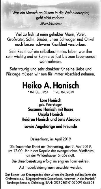 Traueranzeige von Heiko  Honisch von Neue Osnabrücker Zeitung GmbH & Co. KG