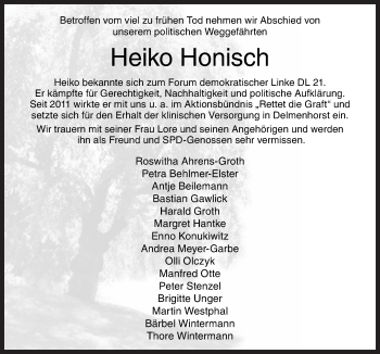 Traueranzeige von Heiko Honisch von Neue Osnabrücker Zeitung GmbH & Co. KG