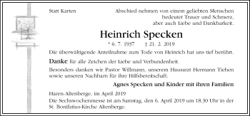 Traueranzeige von Heinrich Specken von Neue Osnabrücker Zeitung GmbH & Co. KG