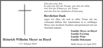 Traueranzeige von Heinrich Wilhelm Meyer zu Hoyel von Neue Osnabrücker Zeitung GmbH & Co. KG