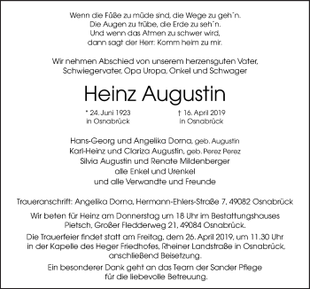 Traueranzeige von Heinz Augustin von Neue Osnabrücker Zeitung GmbH & Co. KG