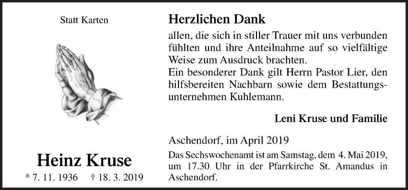  Traueranzeige für Heinz Kruse vom 29.04.2019 aus Neue Osnabrücker Zeitung GmbH & Co. KG
