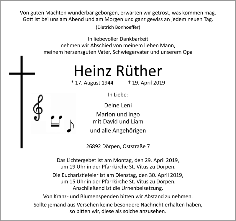  Traueranzeige für Heinz Rüther vom 23.04.2019 aus Neue Osnabrücker Zeitung GmbH & Co. KG