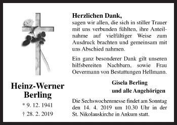 Traueranzeige von Heinz-Werner Berling von Neue Osnabrücker Zeitung GmbH & Co. KG