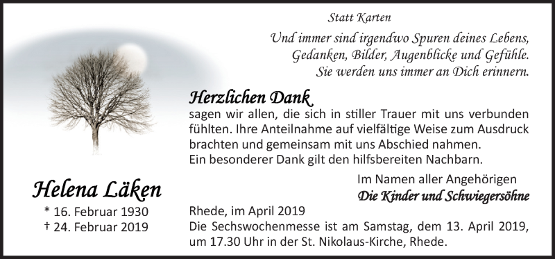  Traueranzeige für Helena Läken vom 10.04.2019 aus Neue Osnabrücker Zeitung GmbH & Co. KG