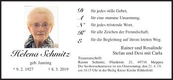 Traueranzeige von Helena Schmitz von Neue Osnabrücker Zeitung GmbH & Co. KG