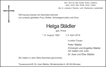 Traueranzeige von Helga Städler von Neue Osnabrücker Zeitung GmbH & Co. KG