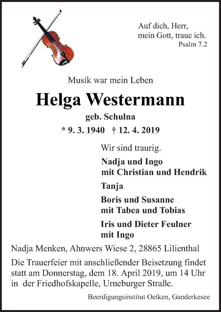  Traueranzeige für Helga Westermann vom 15.04.2019 aus Neue Osnabrücker Zeitung GmbH & Co. KG