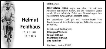 Traueranzeige von Helmut Feldhaus von Neue Osnabrücker Zeitung GmbH & Co. KG
