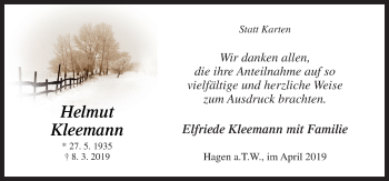 Traueranzeige von Helmut Kleemann von Neue Osnabrücker Zeitung GmbH & Co. KG
