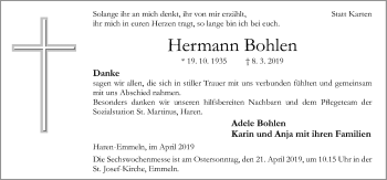 Traueranzeige von Hermann Bohlen von Neue Osnabrücker Zeitung GmbH & Co. KG