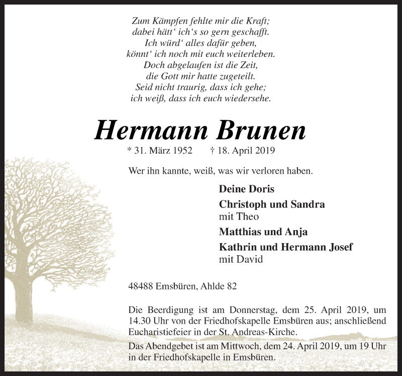  Traueranzeige für Hermann Brunen vom 23.04.2019 aus Neue Osnabrücker Zeitung GmbH & Co. KG