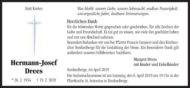  Traueranzeige für Hermann-Josef Drees vom 03.04.2019 aus Neue Osnabrücker Zeitung GmbH & Co. KG