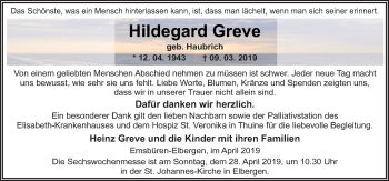 Traueranzeige von Hildegard Greve von Neue Osnabrücker Zeitung GmbH & Co. KG