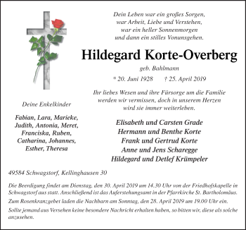 Traueranzeige von Hildegard Korte-Overberg von Neue Osnabrücker Zeitung GmbH & Co. KG