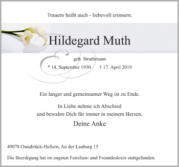 Traueranzeige von Hildegard Muth von Neue Osnabrücker Zeitung GmbH & Co. KG